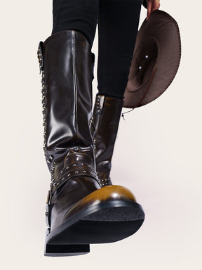 Retro Buckle Riding Boots With Rivets
