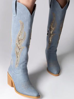 Denim Sequin Mid-calf Cowgirl Boots