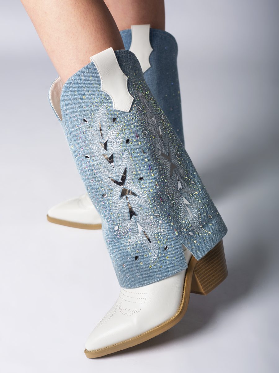 Denim Rhinestones Embroidered Boots