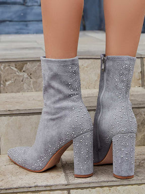 Rhinestone Faux Suede Chunky Heeled Boots