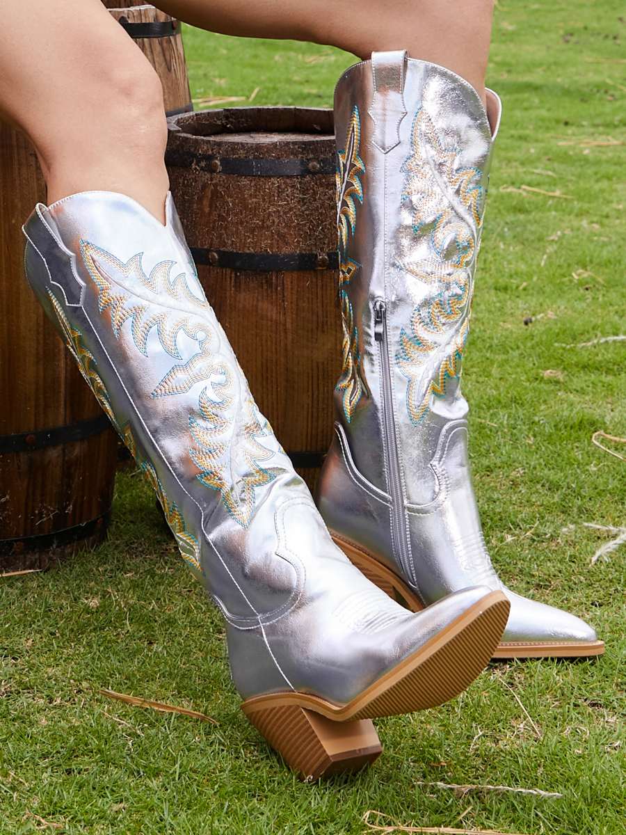 Metallic Pointed Toe Embroidered Cowgirl Boots