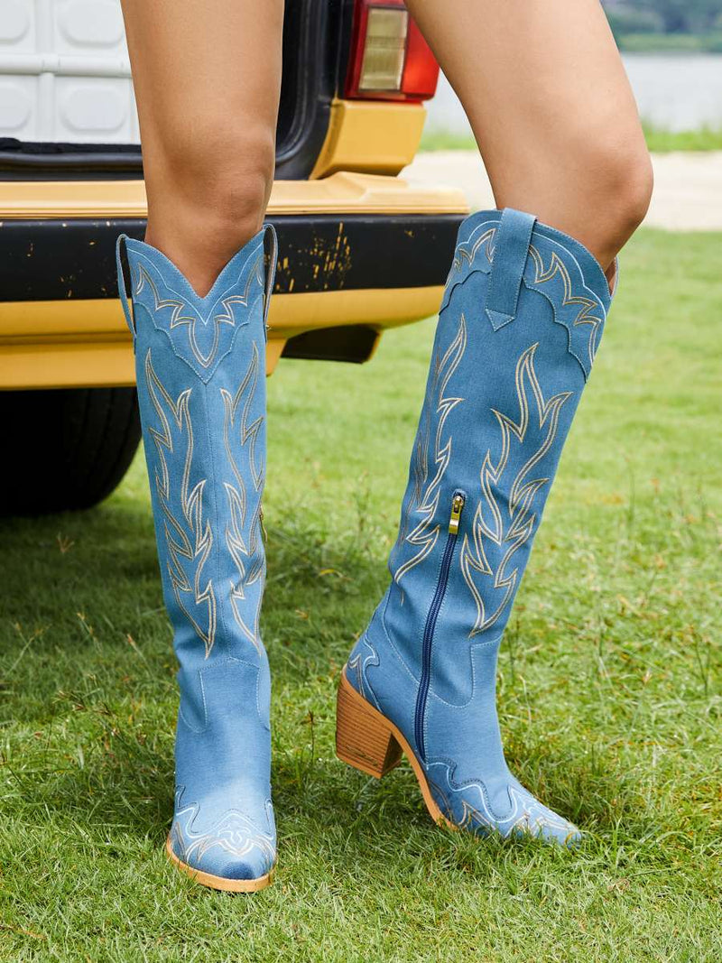 Denim Embroidered Pointed Toe Cowgirl Boots