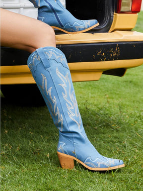 Denim Embroidered Pointed Toe Cowgirl Boots