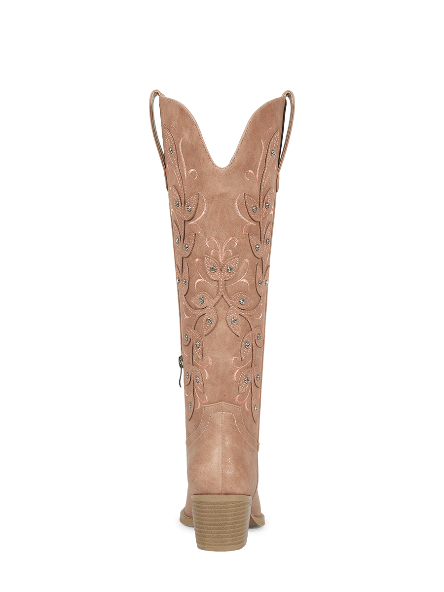 Apricot-pink-leaf-inlay-mid-heel-western-cowgirl-boots