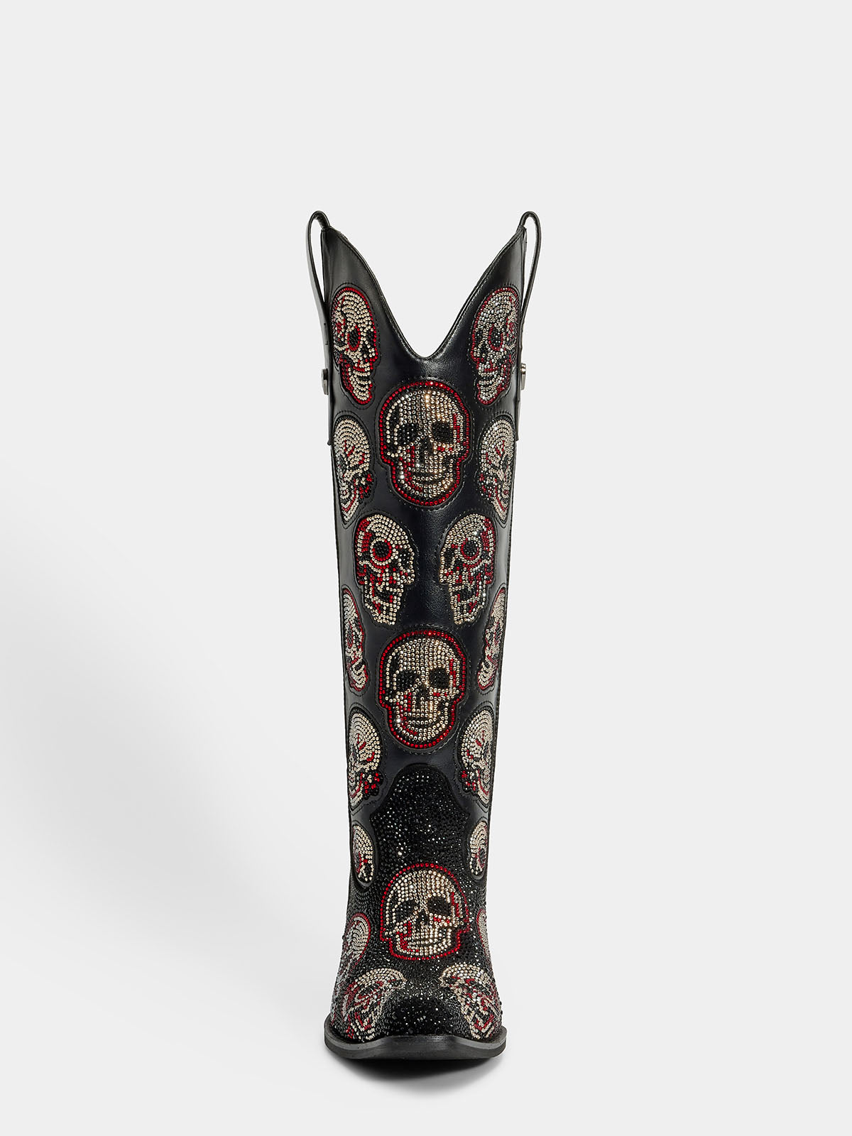 Black-leather-rhinestone-skull-knee-high-western-cowgirl-boots