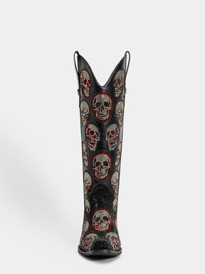 Black-leather-rhinestone-skull-knee-high-western-cowgirl-boots