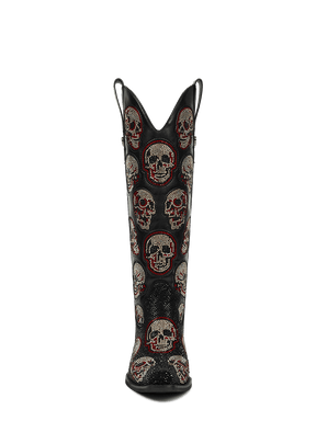 Black-leather-rhinestone-skull-knee-high-western-cowgirl-boots