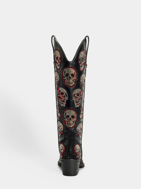 Black-leather-rhinestone-skull-mid-heel-western-cowgirl-boots