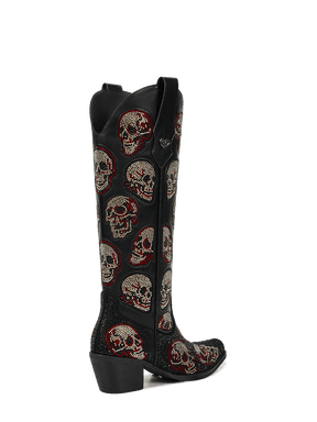 Black-leather-rhinestone-skull-mid-heel-western-cowgirl-boots