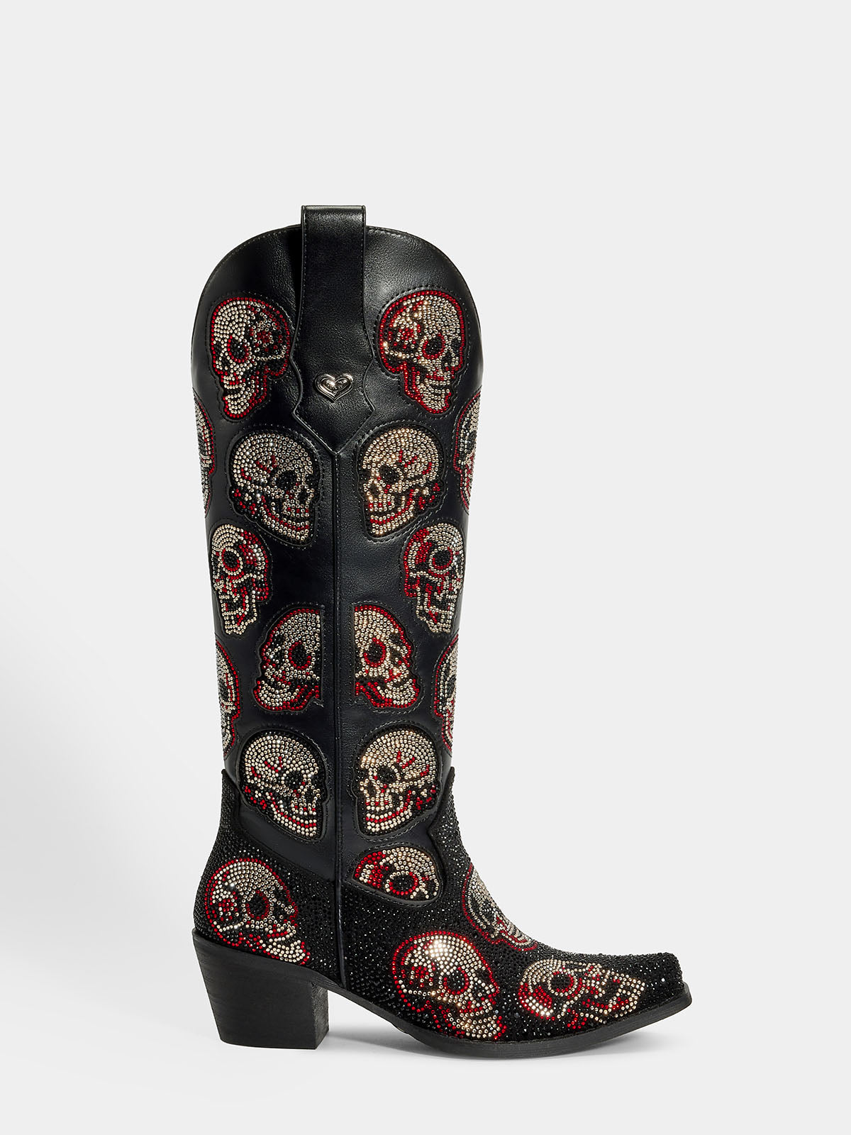 Black-leather-rhinestone-skull-pull-on-western-cowgirl-boots