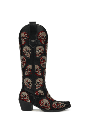Black-leather-rhinestone-skull-pull-on-western-cowgirl-boots