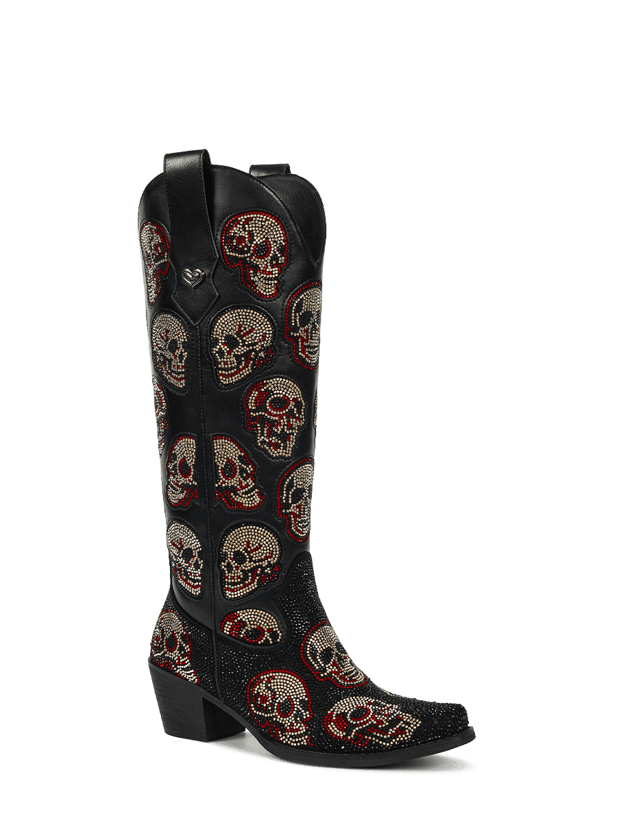Black-leather-rhinestone-skull-western-cowgirl-boots