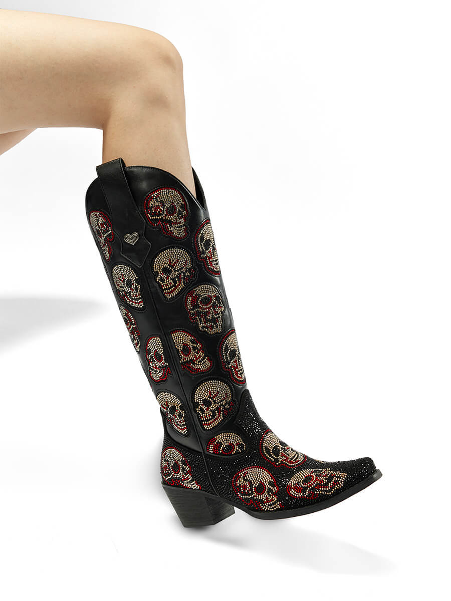 Black-leather-rhinestone-skull-wetkiss-western-cowgirl-boots