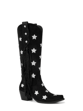 Black-rhinestone-star-single-sided-tassel-cowgirl-boots
