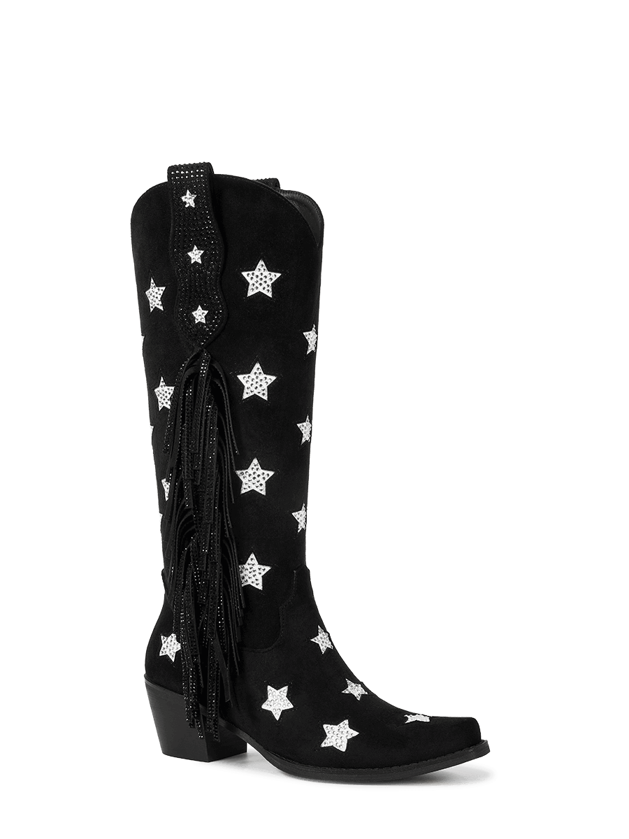 Black-rhinestone-star-single-sided-tassel-cowgirl-boots