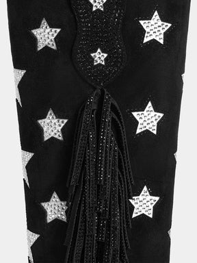Black-rhinestone-star-single-sided-tassel-faux-suede-cowgirl-boots