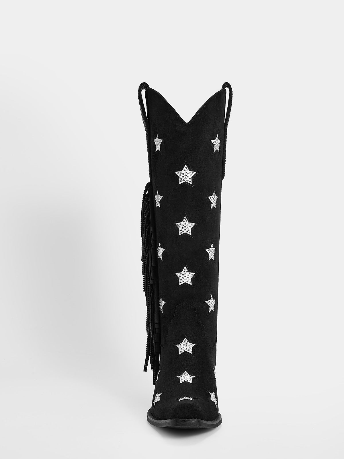 Black-rhinestone-star-single-sided-tassel-knee-high-cowgirl-boots