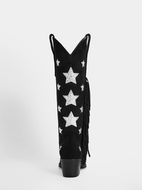 Black-rhinestone-star-single-sided-tassel-mid-heel-cowgirl-boots