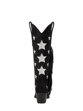 Black-rhinestone-star-single-sided-tassel-mid-heel-cowgirl-boots