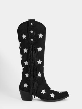 Black-rhinestone-star-single-sided-tassel-pull-on-cowgirl-boots