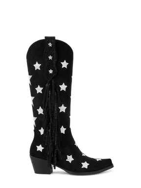 Black-rhinestone-star-single-sided-tassel-pull-on-cowgirl-boots