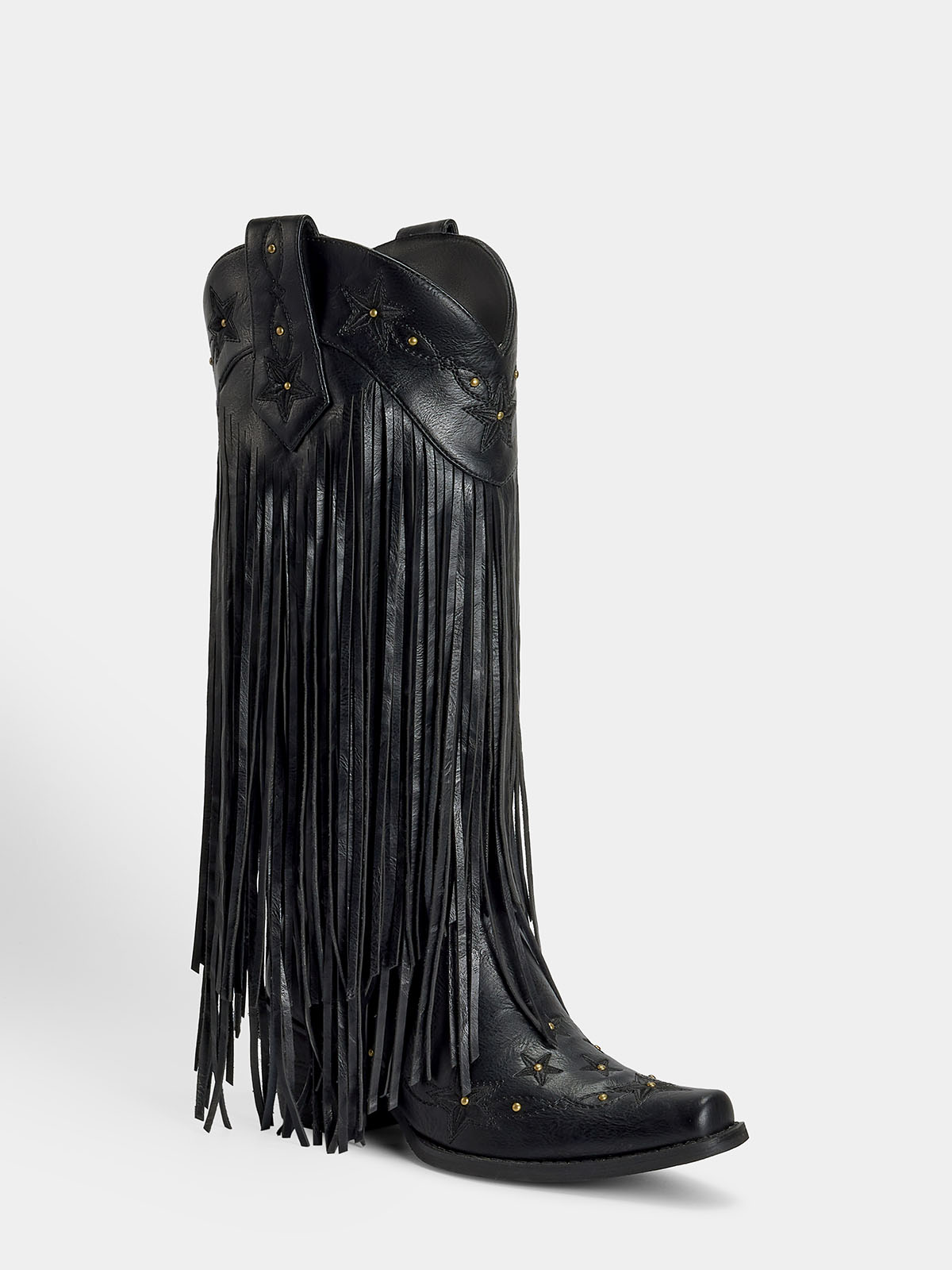 Black Studs Embroidered Star Fringe Cowgirl Boots | WETKISS BOOTS