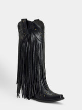 Black-studs-embroidered-star-fringe-cowgirl-boots