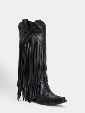 Black-studs-embroidered-star-fringe-cowgirl-boots