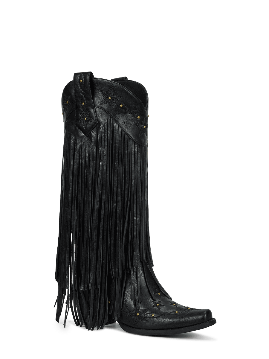 Black-studs-embroidered-star-fringe-cowgirl-boots