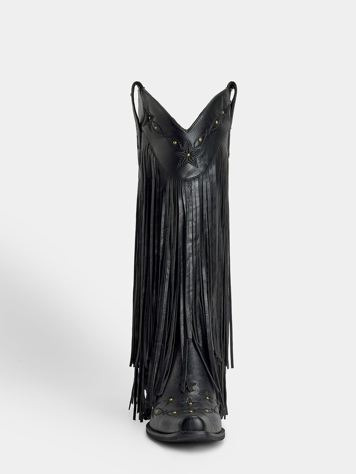 Black-studs-embroidered-star-fringe-knee-high-cowgirl-boots