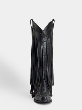 Black-studs-embroidered-star-fringe-knee-high-cowgirl-boots