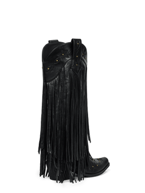 Black-studs-embroidered-star-fringe-mid-heel-cowgirl-boots