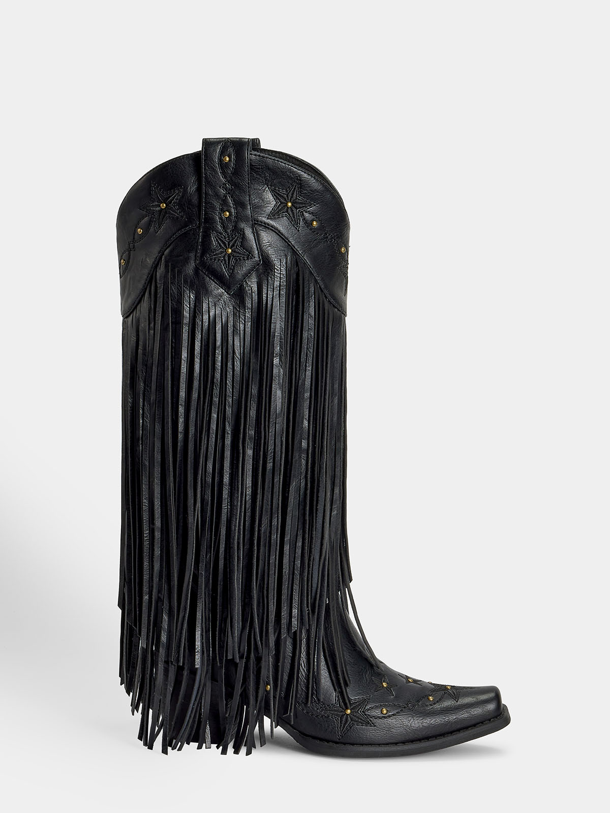 Black-studs-embroidered-star-fringe-side-zipper-cowgirl-boots