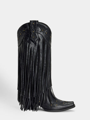 Black-studs-embroidered-star-fringe-side-zipper-cowgirl-boots