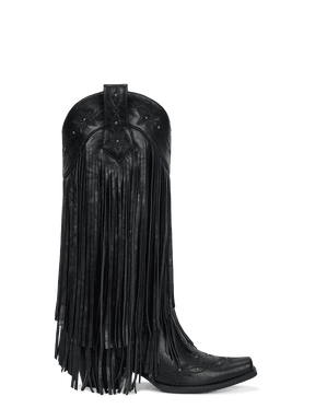 Black-studs-embroidered-star-fringe-side-zipper-cowgirl-boots