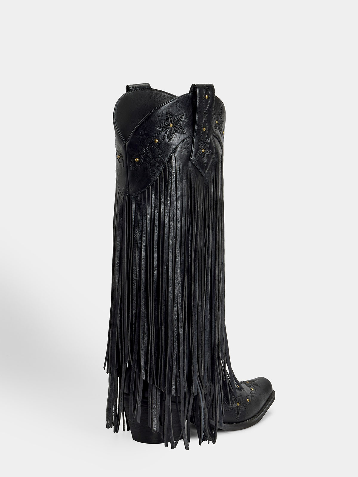 Black-studs-embroidered-star-fringe-knee-high-cowgirl-boots