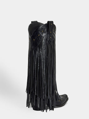 Black-studs-embroidered-star-fringe-knee-high-cowgirl-boots
