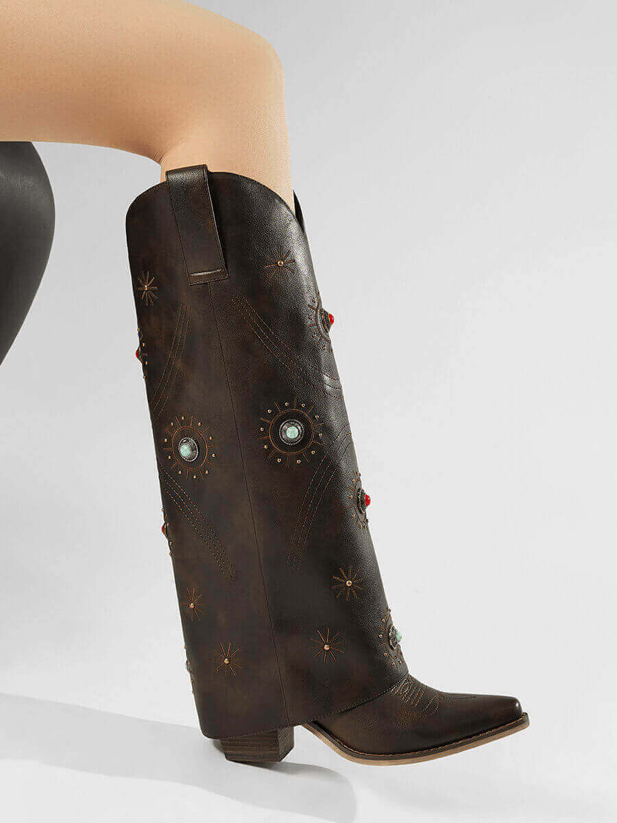 Brown-fold-over-studs-knee-high-boots