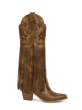 Brown-star-studs-fringes-side-zipper-western-boots