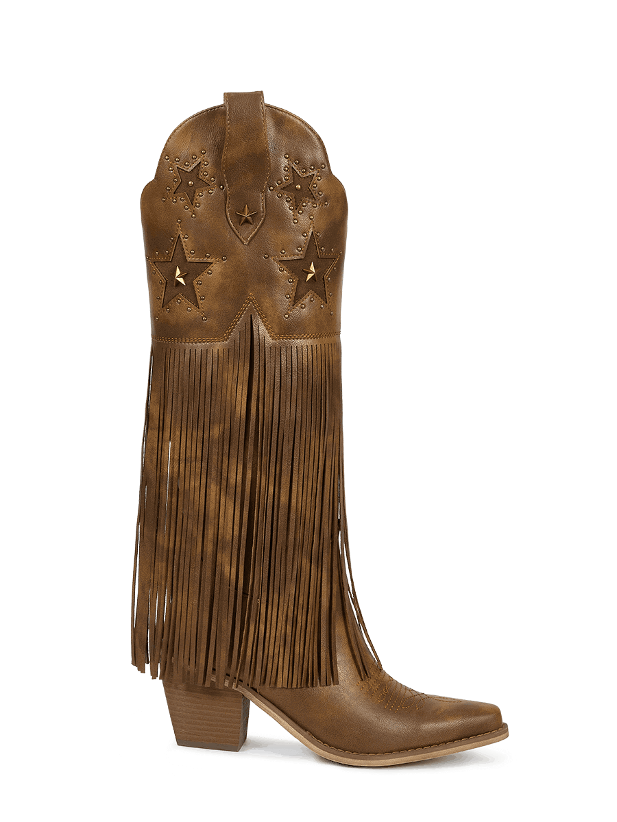 Brown-star-studs-fringes-side-zipper-western-boots