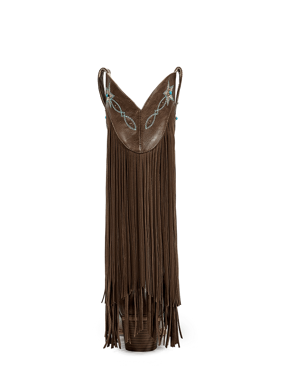 Brown-studs-embroidered-star-fringe-mid-heel-cowgirl-boots