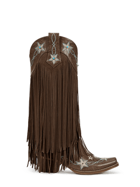 Brown-studs-embroidered-star-fringe-side-zipper-cowgirl-boots