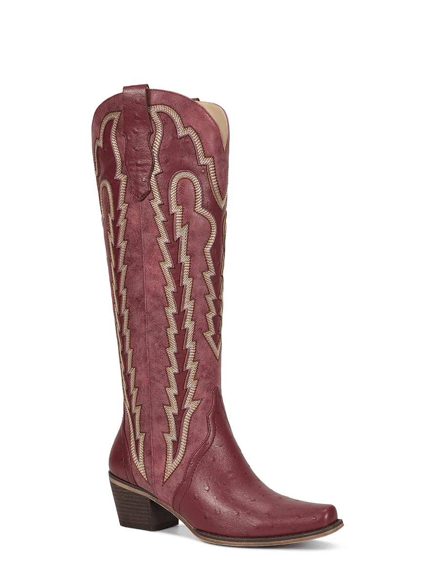 Burgundy-retro-embroidered-ostrich-leather-boots