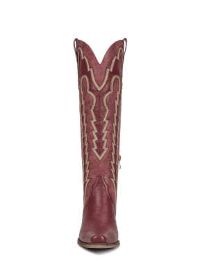 Burgundy-retro-embroidered-ostrich-leather-knee-high-boots