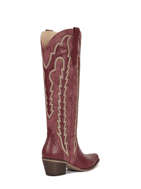 Burgundy-retro-embroidered-ostrich-leather-mid-heel-boots