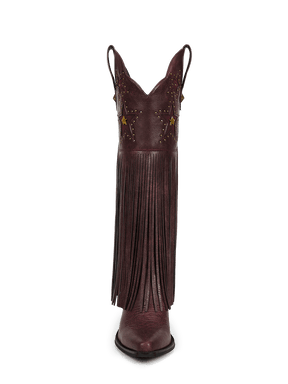 Burgundy-star-studs-fringes-knee-high-western-boots