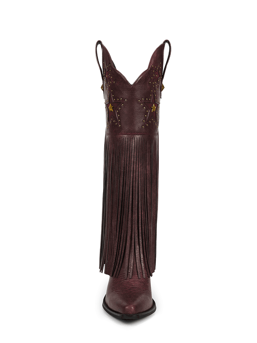 Burgundy-star-studs-fringes-knee-high-western-boots