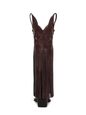 Burgundy-star-studs-fringes-mid-heel-western-boots