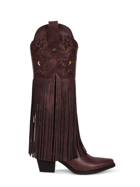 Burgundy-star-studs-fringes-side-zipper-western-boots