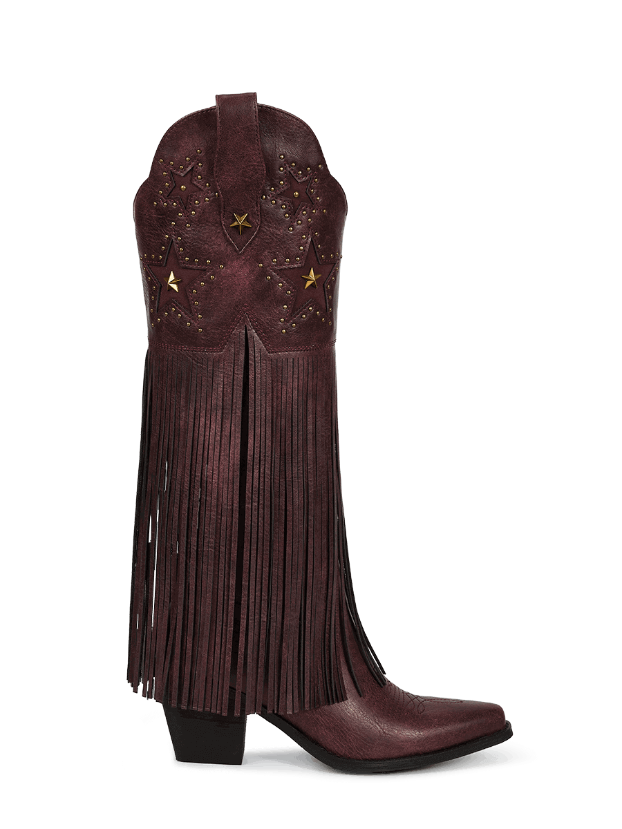 Burgundy-star-studs-fringes-side-zipper-western-boots